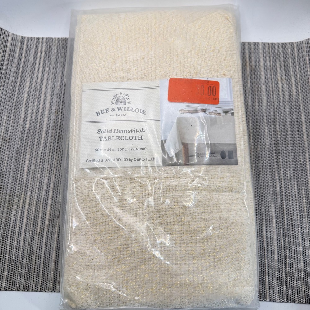 Bee & Willow Tablecloth 60x84 Vanilla Ice Gold Hemstitch Metallic Oblong NEW